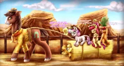 Size: 2258x1200 | Tagged: dead source, safe, artist:9de-light6, derpibooru import, apple bloom, braeburn, scootaloo, sweetie belle, trouble shoes, classical unicorn, earth pony, pegasus, pony, unicorn, appleoosa's most wanted, cactus hat, catatonic, cloven hooves, cutie mark crusaders, engrish, feathered fetlocks, hat, hayburn, leonine tail