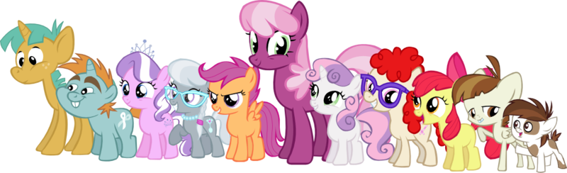 Size: 1131x345 | Tagged: apple bloom, artist:thebosscamacho, cheerilee, colt, cutie mark crusaders, derpibooru import, diamond tiara, featherweight, filly, foal, glasses, grin, pipsqueak, raised hoof, safe, scootaloo, silver spoon, simple background, smiling, snails, snips, sweetie belle, transparent background, twist, vector