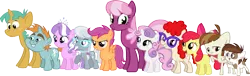 Size: 1131x345 | Tagged: apple bloom, artist:thebosscamacho, cheerilee, colt, cutie mark crusaders, derpibooru import, diamond tiara, featherweight, filly, foal, glasses, grin, pipsqueak, raised hoof, safe, scootaloo, silver spoon, simple background, smiling, snails, snips, sweetie belle, transparent background, twist, vector