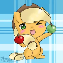 Size: 1024x1024 | Tagged: apple, applejack, artist:midnameowfries, blushing, chibi, cute, :d, derpibooru import, jackabetes, safe, sitting, solo, wink