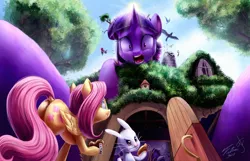 Size: 1280x823 | Tagged: alice in wonderland, angel bunny, artist:goat train, artist:tsitra360, cookie, derpibooru import, flutterbutt, fluttershy, giantess, macro, open mouth, parody, plot, safe, twilight sparkle