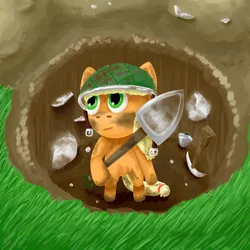 Size: 1200x1200 | Tagged: applejack, artist:crashbrowns, derpibooru import, dirty, helmet, hole, pickaxe, safe, shovel, soldierjack, solo