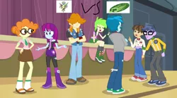 Size: 1024x571 | Tagged: safe, derpibooru import, cherry crash, microchips, mystery mint, scribble dee, thunderbass, valhallen, wiz kid, equestria girls, rainbow rocks, argument, background human, gymnasium, techies, thunderstruck (band)