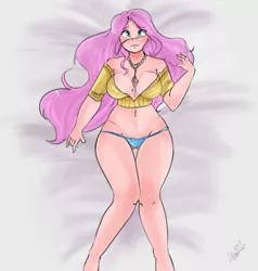 Size: 661x693 | Tagged: artist:mrscurlystyles, belly button, blue underwear, breasts, busty fluttershy, clothes, curvy, derpibooru import, female, fluttershy, human, humanized, jewelry, necklace, nudity, off shoulder, on back, panties, polka dot underwear, solo, solo female, stupid sexy fluttershy, suggestive, sweatershy, underass, underwear, wide hips