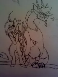 Size: 1536x2048 | Tagged: safe, artist:legendcraft, derpibooru import, discord, oc, oc:legendcraft, pony, annoyed, bad anatomy, bipedal, cute, discute, frown, monochrome, open mouth, smiling, traditional art