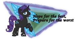 Size: 600x300 | Tagged: changeling, changelingified, color, commission, derpibooru import, elusive, quote, rarity, rule 63, safe, signature, solo