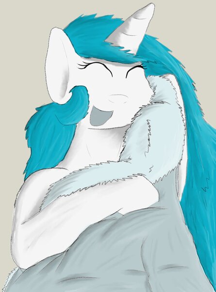 Size: 770x1038 | Tagged: safe, artist:firefanatic, derpibooru import, princess celestia, alicorn, pony, :d, cuddlestia, cute, eyes closed, female, fluffy, fur coat, gray background, hug, mare, open mouth, simple background, smiling, solo