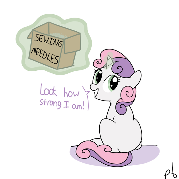 Size: 1000x1000 | Tagged: artist:pbhorse, derpibooru import, magic, needle, safe, sitting, sweetie belle, sweetie belle's magic brings a great big smile, this will end in pain, this will end in tears and/or death, this will end in tears and/or death and/or covered in tree sap, too dumb to live