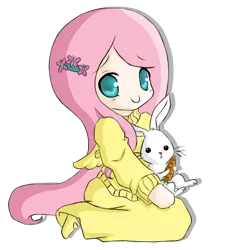 Size: 800x800 | Tagged: angel bunny, artist:rhamana, carrot, chibi, clothes, cute, derpibooru import, fluttershy, human, humanized, safe, shyabetes, sweater, sweatershy