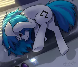 Size: 1600x1381 | Tagged: safe, artist:rivibaes, derpibooru import, vinyl scratch, pony, unicorn, annoyed, bed, frown, grumpy, mp3 player, side, solo