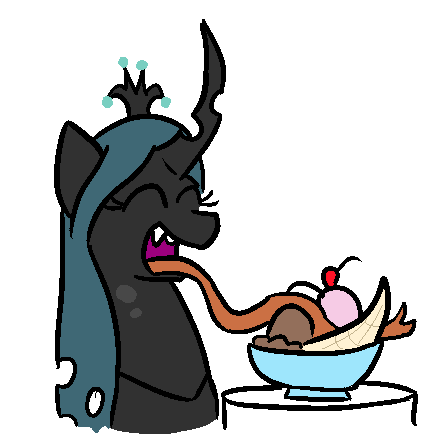 Size: 448x447 | Tagged: safe, artist:jargon scott, derpibooru import, queen chrysalis, banana, banana split, bowl, cherry, crown, fangs, happy, ice cream, impossibly long tongue, licking, sundae, table, tongue out