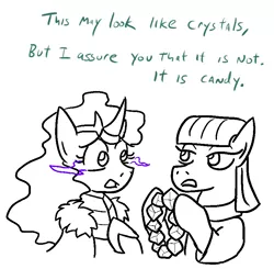 Size: 812x797 | Tagged: safe, artist:jargon scott, derpibooru import, king sombra, maud pie, earth pony, pony, unicorn, armor, cape, clothes, crown, cute, dialogue, eye contact, friendshipping, frown, hoof hold, looking at each other, magic, open mouth, queen umbra, rock candy necklace, rule 63, rule63betes, sweet, umbradorable, wide eyes