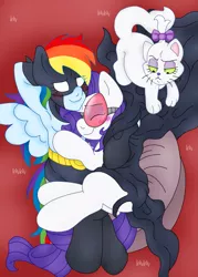 Size: 1567x2190 | Tagged: artist:blackbewhite2k7, batman, cape, catwoman, clothes, cuddling, derpibooru import, female, lesbian, opalescence, partial nudity, rainbow dash, raridash, rarity, shipping, snuggling, suggestive