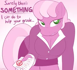 Size: 1105x1000 | Tagged: suggestive, artist:lamia, derpibooru import, cheerilee, anthro, earth pony, breasts, busty cheerilee, cleavage, clothes, dialogue, f, female, grades, imminent sex, looking at you, paper, skirt, smiling, solo, teacher, tube skirt