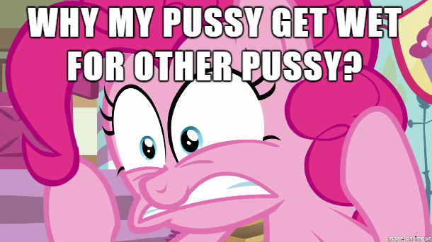 Size: 610x343 | Tagged: caption, derpibooru import, edit, edited screencap, forbidden love, image macro, implied lesbian, meme, pinkie pie, screencap, solo, suggestive, worried