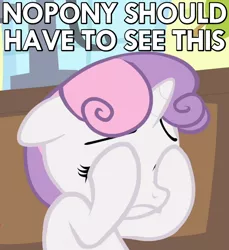 Size: 640x700 | Tagged: caption, covering eyes, derpibooru import, double facehoof, facehoof, image macro, reaction image, safe, screencap, solo, somepony to watch over me, sweetie belle