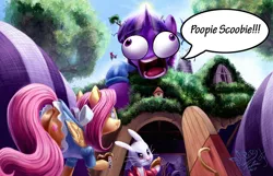 Size: 1280x823 | Tagged: alice in wonderland, angel bunny, artist:goat train, artist:pikapetey, artist:tsitra360, clothes, cookie, derpibooru import, dress, edit, fluttershy, giantess, macro, open mouth, parody, poopie scoobie, safe, socks, striped socks, twilight sparkle, what the hell petey