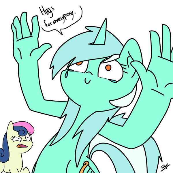 Size: 1024x1024 | Tagged: artist:artponie, bon bon, bon bon is not amused, crying, derpibooru import, hand, lyra doing lyra things, lyra heartstrings, safe, simple background, sweetie drops, wat, weirded out, white background