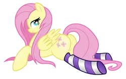 Size: 5000x3125 | Tagged: artist needed, clothes, derpibooru import, fluttershy, lying, plot, simple background, socks, solo, stockings, striped socks, suggestive, transparent background