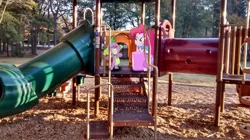 Size: 2592x1456 | Tagged: safe, artist:missbeigepony, artist:mrbarthalamul, artist:tokkazutara1164, derpibooru import, pinkie pie, spike, dog, equestria girls, equestria girls in real life, photo, playground, shadow, spike the dog, tree, vector