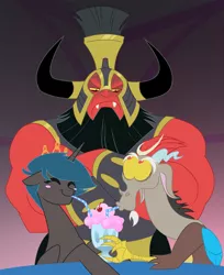 Size: 1000x1226 | Tagged: artist:peachiekeenie, artist:tarajenkins, blushing, blush sticker, cupidite, cute, cutealis, derpibooru import, discord, helmet, hilarious in hindsight, lord tirek, milkshake, queen chrysalis, safe, sharing a drink