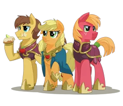 Size: 1626x1413 | Tagged: safe, artist:itstaylor-made, derpibooru import, applejack, big macintosh, caramel, earth pony, pony, comic:twilight's reign, alternate hairstyle, armor, cape, caramel is awesome, clothes, eating, element of honesty, female, guard, male, mare, raised eyebrow, raised hoof, short mane, simple background, stallion, transparent background, trio