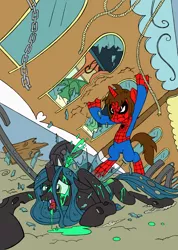 Size: 1779x2500 | Tagged: grimdark, artist:edcom02, artist:jmkplover, derpibooru import, queen chrysalis, ponified, pony, unicorn, blood, broken horn, chrysabuse, crossover, injured, marvel, peter parker, spider-man, spiders and magic iii: days of friendship past, spiders and magic: rise of spider-mane, train, wreck