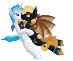 Size: 960x800 | Tagged: safe, artist:timid tracks, derpibooru import, oc, oc:bubble lee, oc:gent lee, oc:regina liliac, unofficial characters only, bat pony, pony, unicorn, cuddling, female, lying down, male, on back, rule 63, snuggling, straight