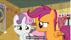 Size: 1277x714 | Tagged: suggestive, derpibooru import, edit, edited screencap, screencap, scootaloo, sweetie belle, pegasus, pony, unicorn, bloom and gloom, caption, female, filly, implied erection, meme, vulgar, youtube caption