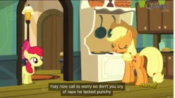 Size: 1277x714 | Tagged: semi-grimdark, suggestive, derpibooru import, edit, edited screencap, screencap, apple bloom, applejack, earth pony, pony, bloom and gloom, butt, caption, female, filly, implied rape, mare, meme, plot, wtf, youtube caption