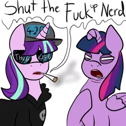 Size: 512x512 | Tagged: artist needed, safe, derpibooru import, starlight glimmer, twilight sparkle, twilight sparkle (alicorn), alicorn, pony, 420, burned, female, flaccid, floppy horn, mare, nerd, offended, parody, rude, scene parody, shut the fuck up, smoking, thug life, twilight flopple, vulgar