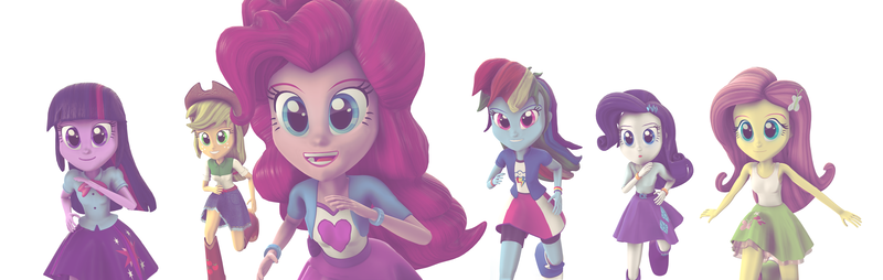 Size: 6200x1968 | Tagged: safe, artist:creatorofpony, artist:flare-chaser, derpibooru import, applejack, fluttershy, pinkie pie, rainbow dash, rarity, twilight sparkle, twilight sparkle (alicorn), equestria girls, 3d, blender, clothes, fun, happy, humanized, mane six, running, tanktop