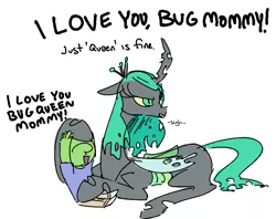 Size: 909x719 | Tagged: artist:nobody, bugmom, child, derpibooru import, dialogue, female, human, kid anon, male, mommy chrissy, mother, oc, oc:anon, open mouth, queen chrysalis, safe, son