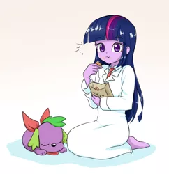 Size: 783x809 | Tagged: safe, artist:twilite-sparkleplz, derpibooru import, spike, twilight sparkle, dog, human, equestria girls, barefoot, bow, cute, duo, eating, eyes closed, feet, hakase, kneeling, nichijou, parody, sakamoto, sitting, sleeping, spike the dog