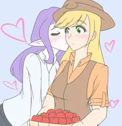 Size: 1280x1323 | Tagged: safe, artist:jonfawkes, derpibooru import, applejack, rarity, human, 30 minute art challenge, blushing, elf ears, female, humanized, lesbian, rarijack, shipping