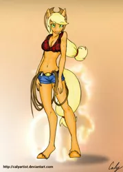 Size: 500x700 | Tagged: anthro, applejack, artist:calyartist, belly button, breasts, cleavage, clothes, daisy dukes, derpibooru import, female, front knot midriff, looking at you, midriff, smiling, solo, suggestive, unguligrade anthro, unshorn fetlocks