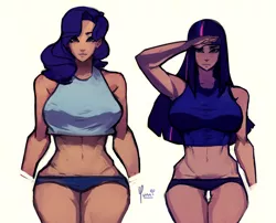 Size: 1280x1032 | Tagged: abs, armpits, artist:yunni-yunni, belly button, big breasts, breasts, busty rarity, busty twilight sparkle, derpibooru import, female, hips, human, humanized, midriff, muscles, rarity, safe, salute, thigh gap, twilight sparkle, wide hips