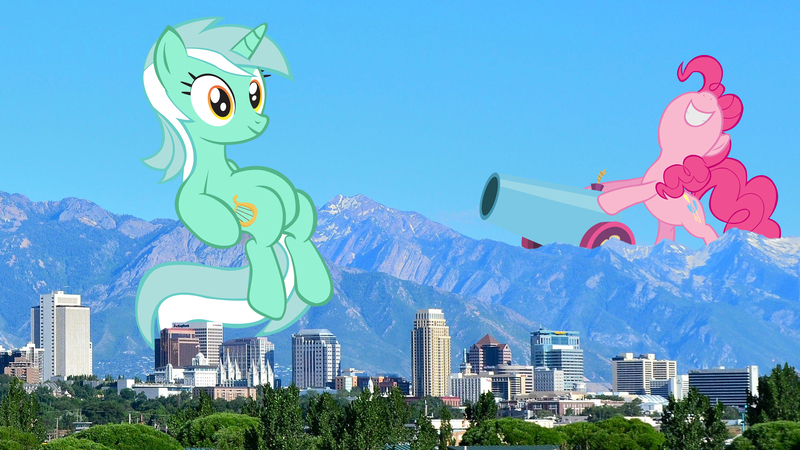 Size: 2527x1421 | Tagged: safe, artist:sonigoku, derpibooru import, lyra heartstrings, pinkie pie, pony, city, giant pony, giantess, irl, macro, party cannon, photo, ponies in real life, salt lake city, utah