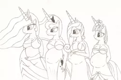 Size: 1024x680 | Tagged: alicorn tetrarchy, anthro, artist:20thx5150, belly, big belly, breasts, clothes, derpibooru import, dress, female, monochrome, nudity, preglestia, pregnant, princess cadance, princess celestia, princess luna, suggestive, traditional art, twilight sparkle, twilight sparkle (alicorn)