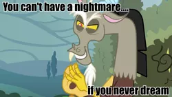 Size: 880x495 | Tagged: adorabolical, cute, derpibooru import, discord, discute, draconequus, evil grin, grin, image macro, male, meme, safe, screencap, smiling, solo, you can't have a nightmare if you never dream