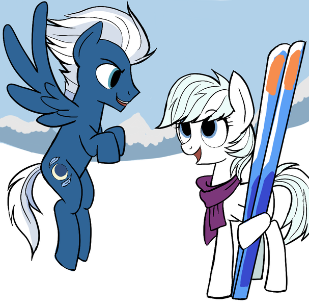 Size: 1076x1063 | Tagged: safe, artist:fiona, derpibooru import, double diamond, night glider, earth pony, pegasus, pony, the cutie map, clothes, cute, female, flightshade, flying, male, nightdiamond, open mouth, rule 63, scarf, shipping, skis, slalom slopes, slalomshade, smiling, smirk, snow, spread wings, straight