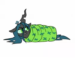 Size: 1277x998 | Tagged: angry, artist:fiona, blanket, blanket burrito, cocoon, crown, cute, cutealis, derpibooru import, queen chrysalis, safe, solo