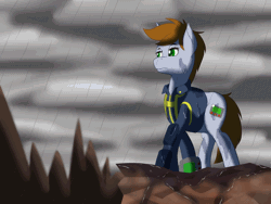 Size: 800x600 | Tagged: safe, artist:ookamithewolf1, derpibooru import, oc, oc:littlepip, unofficial characters only, pony, unicorn, fallout equestria, fanfic, animated, cliff, cloud, cloudy, cutie mark, fanfic art, female, gif, hooves, horn, mare, pipbuck, rain, solo, vault suit, wind