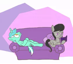 Size: 834x733 | Tagged: safe, artist:fiona, derpibooru import, lyra heartstrings, octavia melody, earth pony, unicorn, book, couch, cute, duo, duo male and female, female, frown, guyra, lyrabetes, male, mare, on back, prone, rule 63, rule63betes, sitting, stallion, tavibetes