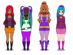 Size: 800x600 | Tagged: adagio dazzle, aria blaze, artist needed, boots, clothes, converse, dark skin, derpibooru import, female, human, humanized, kisekae, line-up, safe, shoes, skirt, socks, sonata dusk, source needed, sunset shimmer, the dazzlings