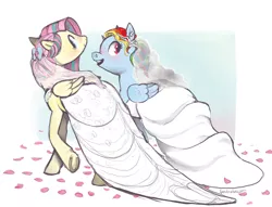 Size: 1240x945 | Tagged: safe, artist:spectralunicorn, derpibooru import, fluttershy, rainbow dash, pegasus, pony, blushing, clothes, dress, female, flutterdash, folded wings, lesbian, looking at you, looking back, looking back at you, marriage, shipping, wedding, wedding dress