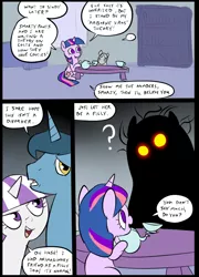 Size: 696x965 | Tagged: adoracreepy, artist:metal-kitty, colored, comic, creepy, cute, derpibooru import, dialogue, entity, female, filly, husband and wife, imaginary friend, male, night light, nightvelvet, safe, smarty pants, tea party, twilight sparkle, twilight velvet, younger