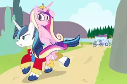 Size: 1120x740 | Tagged: artist:dm29, carriage, derpibooru import, duo, galloping, ponies riding ponies, princess cadance, riding, royal guard, running, safe, shining armor