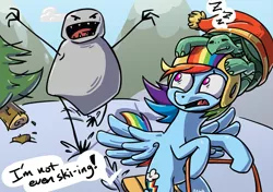 Size: 1254x885 | Tagged: artist:rawrienstein, crossover, derpibooru import, dialogue, rainbow dash, safe, skifree, sledding, sleeping, snow, tank, tanks for the memories, yeti