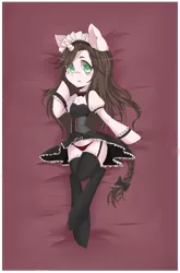 Size: 1109x1681 | Tagged: suggestive, artist:midnightgospel, derpibooru import, oc, oc:xiao chen, unofficial characters only, semi-anthro, unicorn, blushing, clothes, female, garters, image, maid, mare, panties, png, solo, solo female, stockings, underwear